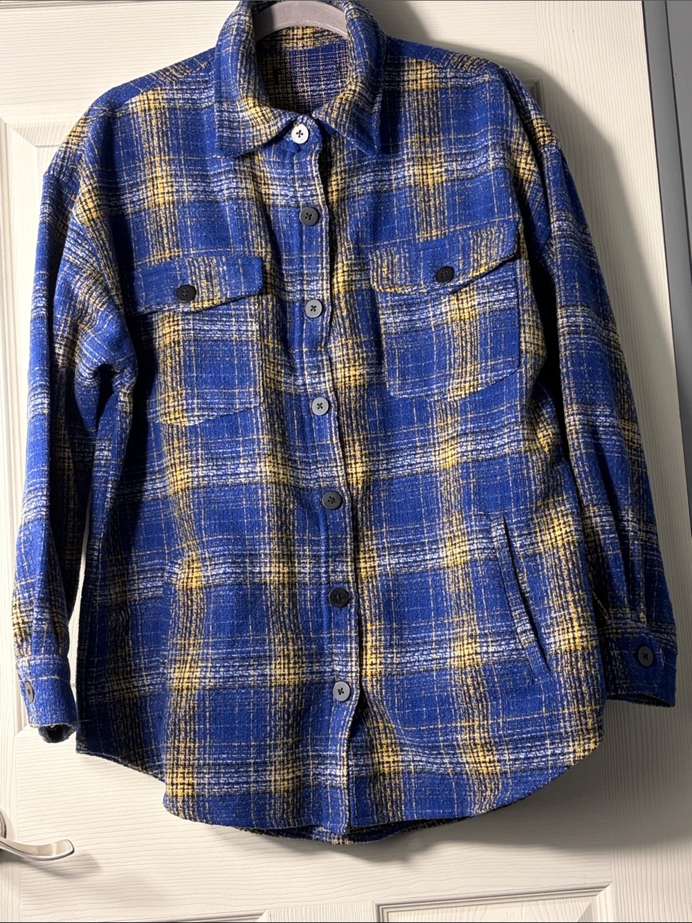 Classic Blue Plaid Button-Up Shacket with Yellow Accents